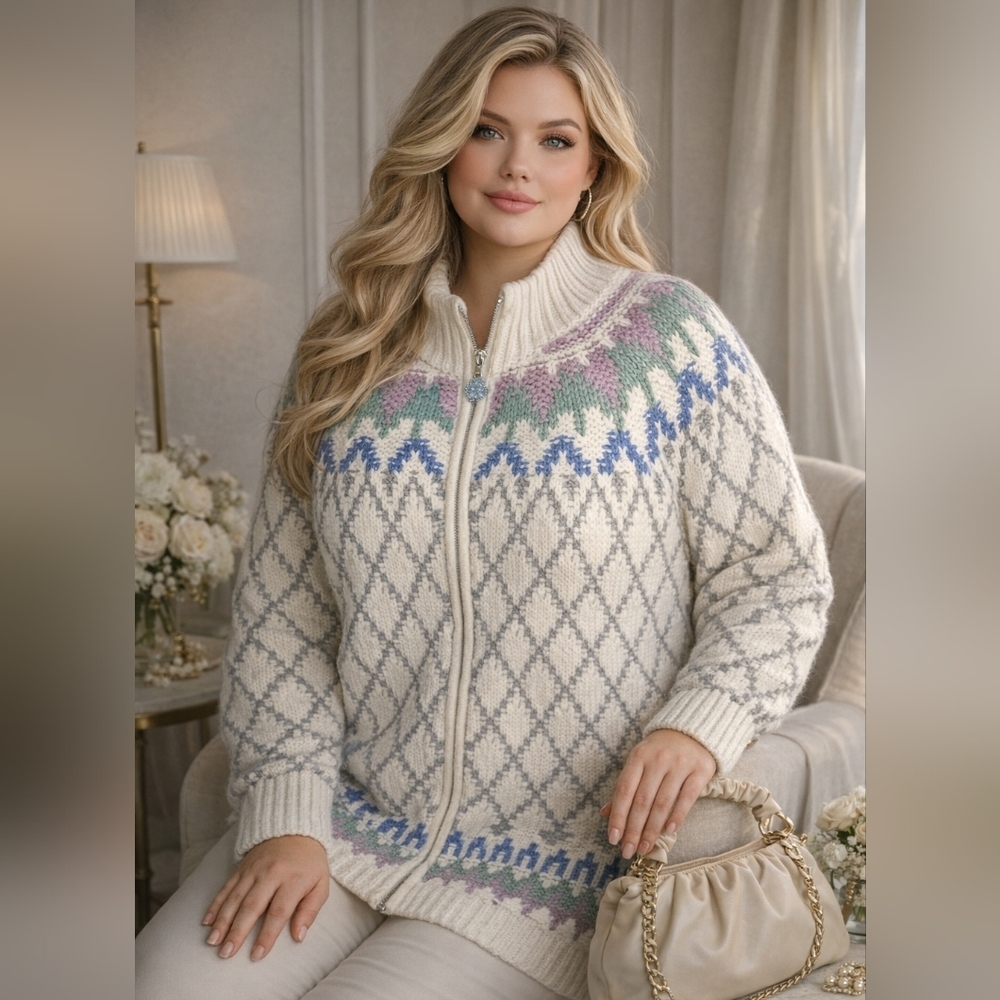 Coldwater Creek Cream Fair Isle Zip Cardigan with Pastel Accents